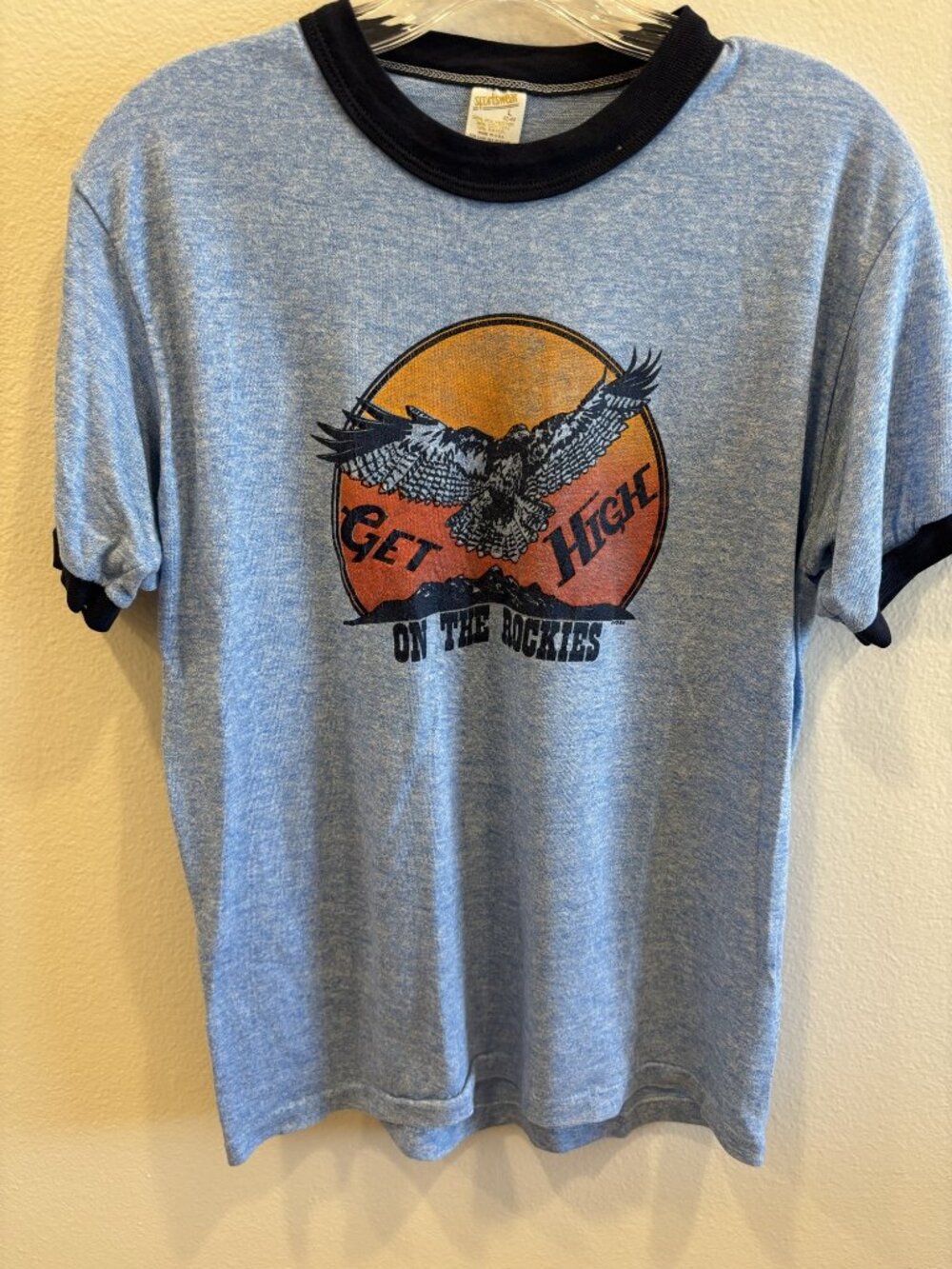 Vintage 80s Get High on the Rockies Ringer Tee L Colorado Tri-Blend Made USA